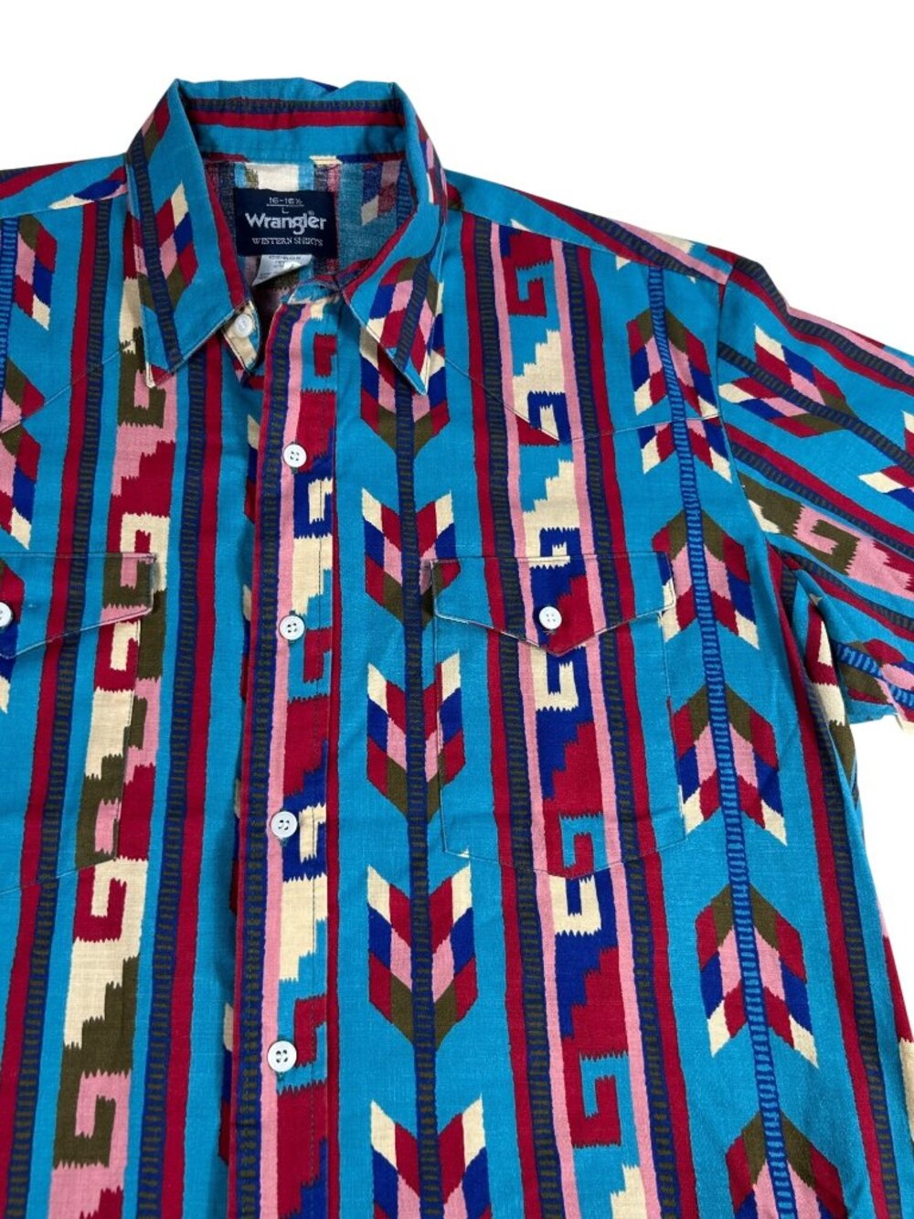 NEW Wrangler Western Shirt Aztec Print Men's L Button-up Short Sleeve Red Blue